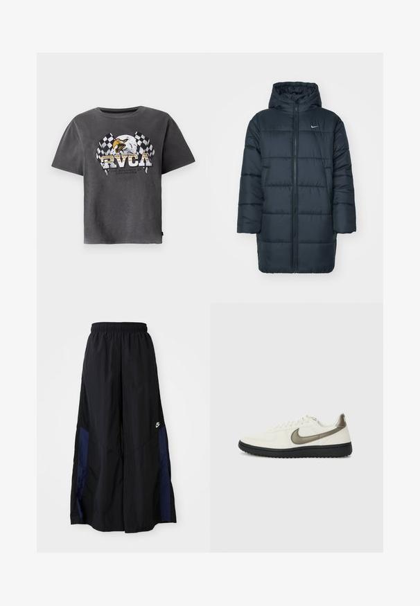 Chaqueta acolchada en azul marino oscuro, con capucha, cremallera frontal completa, puños de canalé y diseño acolchado con costuras horizontales. Logo de Nike en el pecho.; Camiseta de algodón gris con mangas cortas que presenta un diseño gráfico de un águila y banderas a cuadros. El diseño incluye el texto "RVCA" y un eslogan debajo.; Pantalones de pierna ancha negros, confeccionados en una tela ligera, con un panel lateral azul marino y una cinturilla elástica. Logotipo blanco pequeño en la parte inferior.; Nike Sportswear FIELD GENERAL - Zapatillas - off-white/black