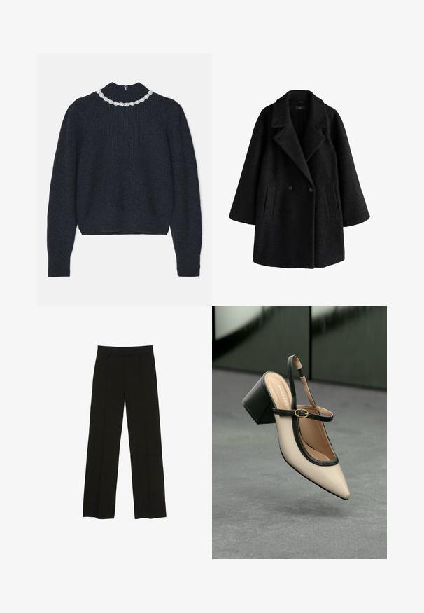 Palton negru din lână, cu două rânduri de nasturi, cu rever larg, două buzunare frontale și o croială lejeră, ușor supradimensionată.; Pulover din tricot cu nervuri de culoare bleumarin închis, cu mâneci lungi și guler înalt, decorat cu un detaliu de gât cu colier floral din mărgele albe.; Pantaloni largi negri, confecționați dintr-un material fin, cu un talie ajustată și pliuri frontale subtile pentru un plus de textură.; Pantof divers în nuanță bej, cu vârf ascuțit, curea de susținere în spate, cu margine neagră, cataramă aurie și toc gros pe un podea gri, cu un fundal verde închis.