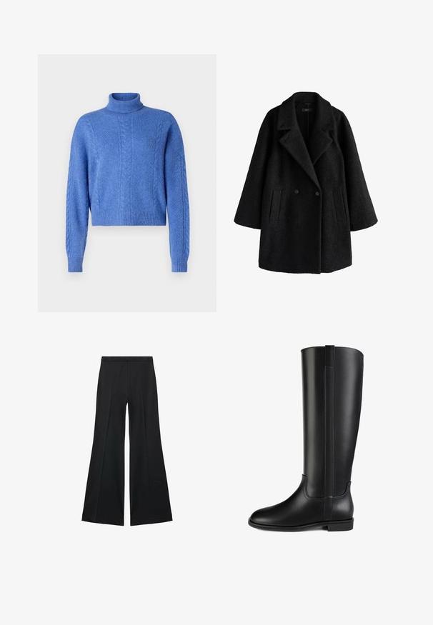 Svart dubbelknäppt ullrock med breda slag, två framfickor och en lös, något oversized passform.; Beskurad blå tröja med hög krage, som har texturerade stickade mönster och ribbade ärmslut. Tillverkad av mjukt, varmt material.; Svarta vida byxor med en slät textur, med framfickor och skräddarsydd design. Tyget är lätt och flödande.; Knähöga svarta läderstövlar med en slät textur, rund tå och minimalistisk design. Har en subtil söm och låg klack.