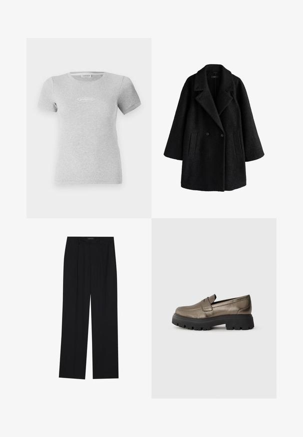 Melna divrindas vilnas mēteli ar plašiem atlokiem, divām priekšējām kabatām un brīvu, nedaudz lielāku piegriezumu.; Pelēks īsām piedurknēm T-krekls, kas izgatavots no ribota auduma, ar pieguļošu dizainu un mazu balto logo uz krūšu.; Melni bikses ar taisnu kāju dizainu, kurām ir divi priekšējie kabatas un jostasvieta. Izgatavotas no gludas, vieglas auduma.; Metāliskas olīvzaļas ādas loafer kurpes ar noapaļotu purngalu, melnu masīvu gumijas zoli un minimālu šuvju detaļu uz augšdaļas.