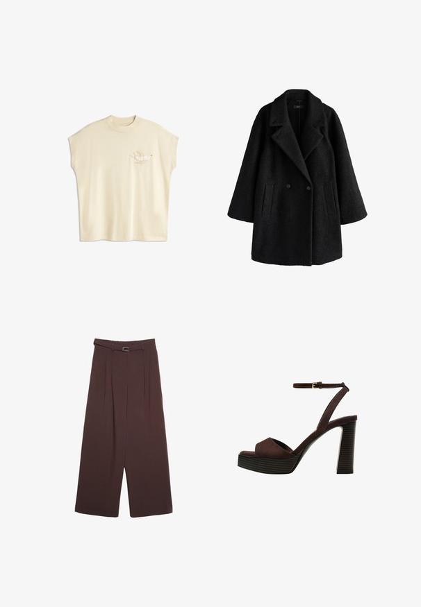 Crni dvoredni kaput od vune sa širokim reverima, dva prednja džepa i labav, blago prevelik kroj.; Krem majica s kratkim rukavima, oversized kroja, s izvezenim dizajnom ptice na lijevoj strani prsnog koša u neutralnim tonovima.; Stradivarius WIDE-LEG WITH BUCKLE DETAIL - Hlače - dark brown; Smeđe zamšaste sandale s visokim potpeticama, otvorenim prstima, podesivom trakicom oko gležnja i prugastom platformom.