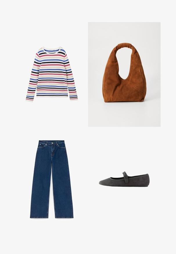 Brown woolen coat with a collared neckline, raglan sleeves, front button closure, and side pockets. Features cuff straps with buttons.; Striped long-sleeve top in ribbed fabric, featuring horizontal stripes in white, pink, blue, black, and purple with a round neckline.; Wide-leg jeans in dark blue denim with a textured surface, featuring front pockets and a button closure at the waist.; Gray corduroy flat shoe with a rounded toe, ankle strap featuring a buckle, and a textured surface. Flat sole for comfort.; Brown suede hobo bag with a soft, rounded shape, featuring a large curved handle and two discreet side seams. Textured surface, no visible hardware.