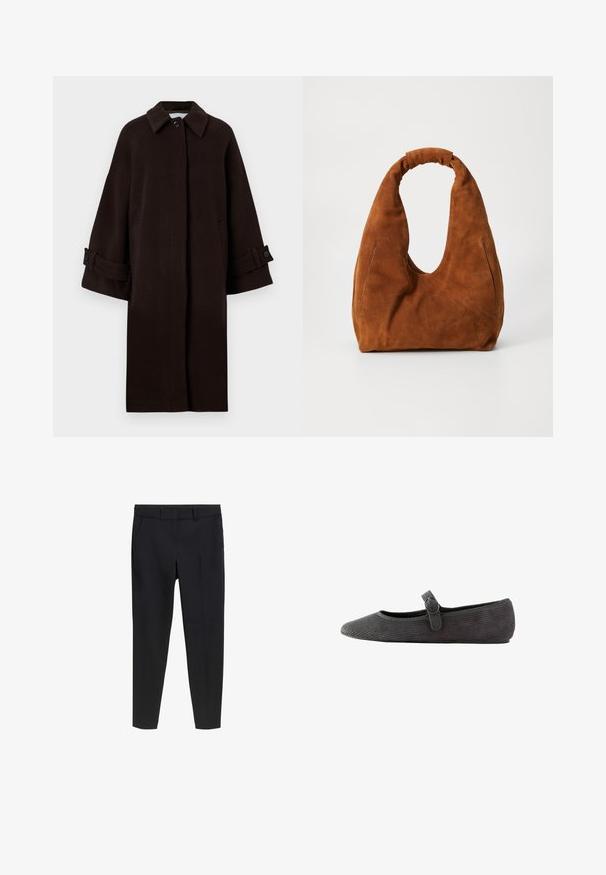 Rudas vilnonis paltas su apykakle, raglaninių rankovių, priekyje užsegamas mygtukais ir su šoninėmis kišenėmis. Apyrankės turi mygtukus.; Raudonai ir balti dryžuoti ilgomis rankovėmis marškiniai su plačia iškirpte ir tiesiu kirpimu. Minkšta medžiaga su vienodais horizontaliais ruožais.; Juodos pritaikytos siaurėjantys kulkšnių ilgio kelnes su dirželio kilpomis ir priekinėmis kišenėmis ant balto fono.; Pilkos korduroy šlepetės su apvaliu pirštu, kulkšnies dirželiu su sagtimi ir tekstūruotu paviršiumi. Plokščias padas patogumui.; Ruda zomšinė hobo rankinė su minkštu, apvaliu siluetu, turinti didelę kreivą rankeną ir dvi nepastebimas šonines siūles. Tekstūruotas paviršius, nematomi metaliniai elementai.