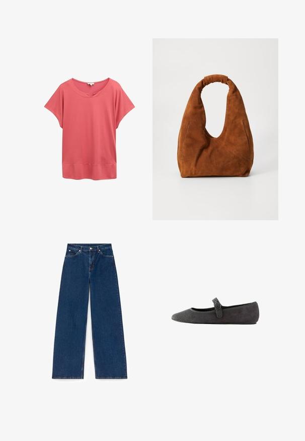 Brauner Wollmantel mit Kragen, Raglanärmeln, vorderem Knopfverschluss und Seitentaschen. Verfügt über Ärmelriemen mit Knöpfen.; Korallrosa T-Shirt mit kurzen Ärmeln, weitem Ausschnitt und lockerem Schnitt; aus leichtem Stoff mit glatter Textur und flachem Saum gefertigt.; Weite Jeans aus dunkelblauem Denim mit strukturiertem Oberflächendesign, ausgestattet mit Vordertaschen und einem Knopfverschluss an der Taille.; Graue Corduroy-Ballerinas mit runder Zehenpartie, einem Knöchelriemen mit Schnalle und einer strukturierten Oberfläche. Flache Sohle für zusätzlichen Komfort.; Braune Wildleder-Hobo-Tasche mit einer weichen, runden Form, ausgestattet mit einem großen, gebogenen Griff und zwei unauffälligen Seitennähten. Texturierte Oberfläche, keine sichtbaren Beschläge.