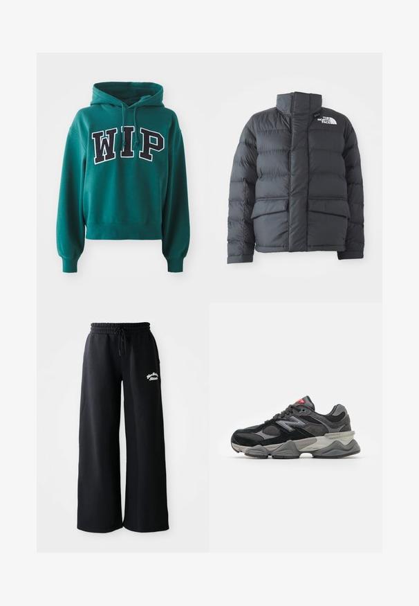 Chaqueta tipo puffer negra con cuello alto, diseño acolchado, cierre frontal con cremallera y dos bolsillos delanteros. Presenta un logo blanco en el lado izquierdo del pecho.; Sudadera verde corta con capucha ajustable. Presenta letras en negrita en blanco y negro que dicen "WIP" en la parte delantera. Tejido suave con puños acanalados.; Pantalones de chándal anchos y negros con cintura ajustable. Presentan texto bordado en el lado izquierdo, fabricados con una suave mezcla de algodón.; Zapatilla negra y gris con una mezcla de materiales de ante y malla, suela gruesa, logotipo prominente y acento rojo en la lengüeta.