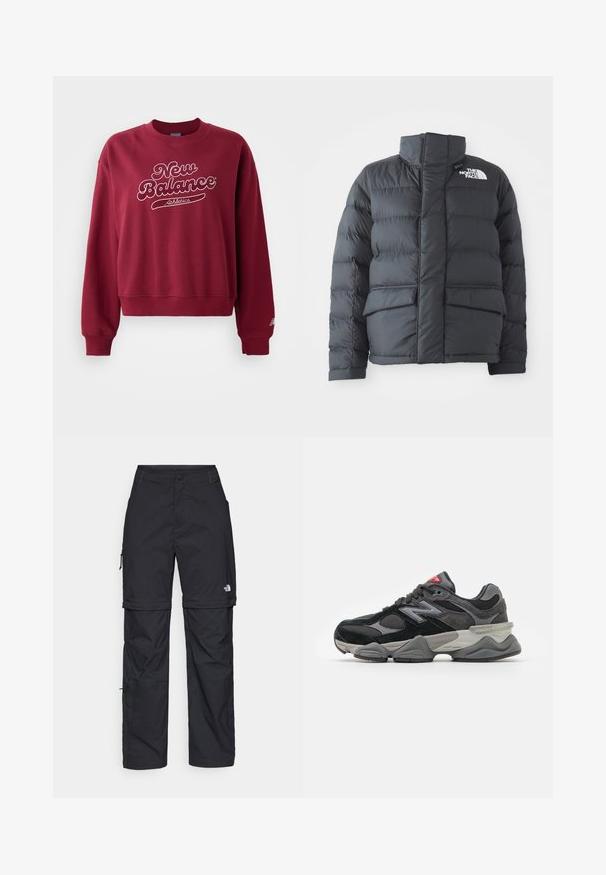Black puffer jacket with a high collar, quilted design, zip front, and two front pockets. Features a white logo on the left chest.; Maroon sweatshirt with a crew neck, featuring white "New Balance" logo and "Athletics" text. Ribbed cuffs and hem, soft material.; Black nylon zip-off cargo trousers with adjustable cuffs, multiple pockets, and a logo on the right leg. Smooth, lightweight texture.; Black and gray sneaker with a mix of suede and mesh materials, thick sole, prominent logo, and red accent on the tongue.
