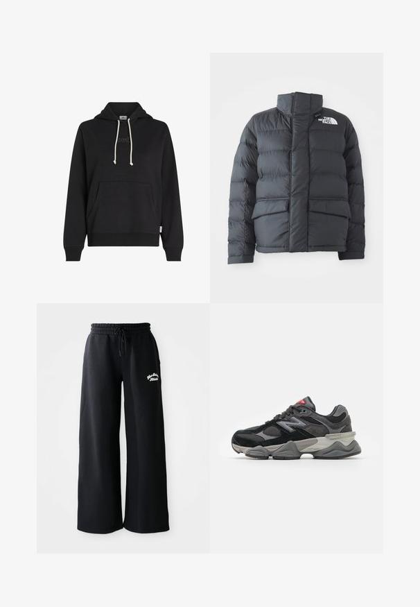 Mustapuffer takki, jossa on korkea kaulus, tikattu rakenne, vetoketjullinen etuosa ja kaksi etutaskua. Vasemmassa rinnassa on valkoinen logo.; Mustat hupparit, jotka on valmistettu pehmeästä kankaasta. Niissä on kenguru-tasku, nyörillinen huppu, jossa on kerma värisiä nyörejä, ja hillitty logo yksityiskohta rinnassa.; Musta leveälahkeinen collegehousut, jossa on nauhakuja vyötäröllä. Vasemmalla puolella on brodeerattu teksti, ja ne on valmistettu pehmeästä puuvillasekoitemateriaalista.; Mustat ja harmaat lenkkarit, joissa on yhdistelmä mokkaa ja verkkomateriaaleja, paksu pohja, hallitseva logo ja punaisia yksityiskohtia kielekkeessä.