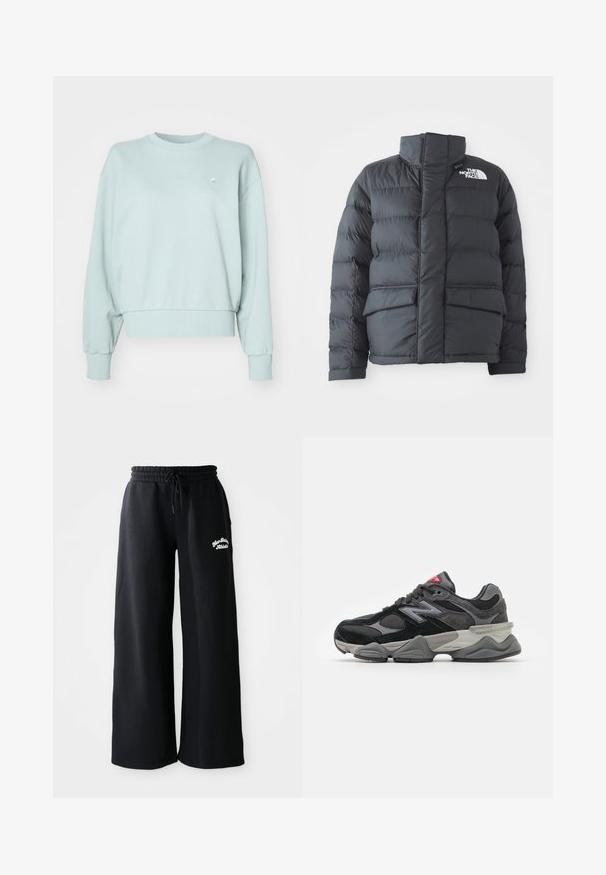 Chaqueta acolchada de nylon negro con cuello alto, cremallera frontal y dos grandes bolsillos con solapa. Presenta un patrón de acolchado horizontal para el aislamiento.; Sudadera verde menta clara en suave mezcla de algodón, con cuello redondo acanalado, hombros caídos y puños acanalados. Pequeño detalle de logo en el pecho.; Pantalones de chándal anchos y negros con cintura ajustable. Presentan texto bordado en el lado izquierdo, fabricados con una suave mezcla de algodón.; Zapatilla negra y gris con una mezcla de materiales de ante y malla, suela gruesa, logotipo prominente y acento rojo en la lengüeta.