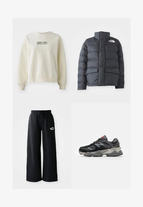 Giubbotto in piuma nera con colletto alto, design trapuntato, chiusura con zip sul davanti e due tasche frontali. Presenta un logo bianco sul petto sinistro.; Felpa color crema chiaro realizzata in tessuto morbido. Presenta un logo verde "OBEY INT." sopra i nomi delle città. Vestibilità comoda con polsini a costine.; Pantaloni della tuta larghi neri con vita regolabile. Presentano un testo ricamato sul lato sinistro, realizzati in un morbido materiale misto cotone.; Sneaker nera e grigia con un mix di materiali in suede e mesh, suola spessa, logo prominente e accento rosso sulla linguetta.