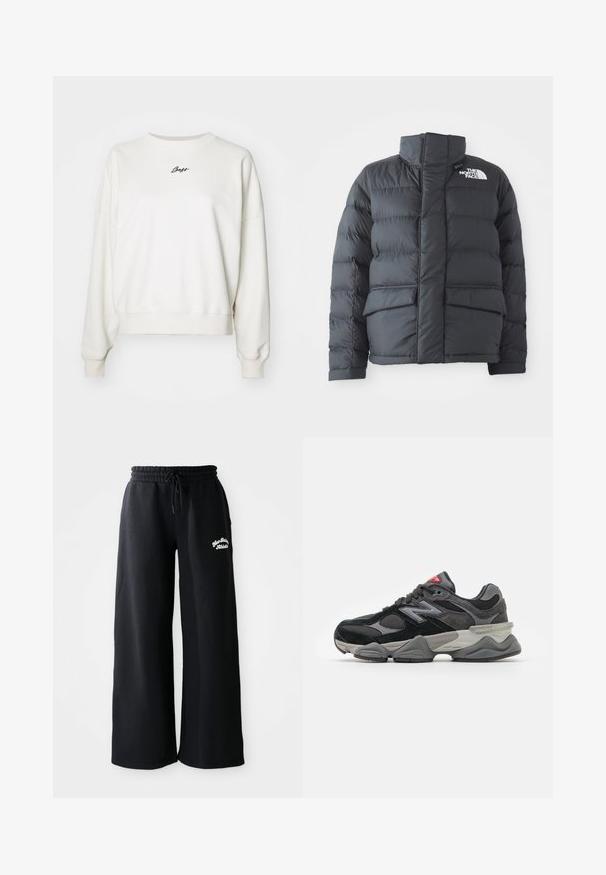 Giacca a vento imbottita in nylon nero con colletto alto, zip frontale e due grandi tasche a soffietto. Presenta un motivo a righe orizzontali per l'isolamento.; Felpa bianca in cotone con collo rotondo, spalle scese, polsini a costine e logo "Boss" ricamato in nero sul petto.; Pantaloni della tuta larghi neri con vita regolabile. Presentano un testo ricamato sul lato sinistro, realizzati in un morbido materiale misto cotone.; Sneaker nera e grigia con un mix di materiali in suede e mesh, suola spessa, logo prominente e accento rosso sulla linguetta.