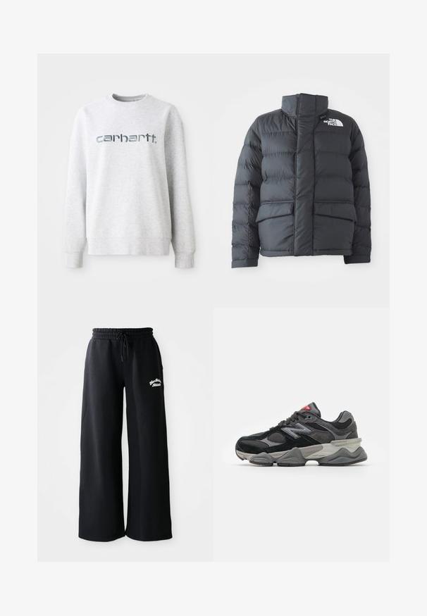 Fekete steppelt kabát magas gallérral, cipzár elöl és két elülső zsebbel. A bal mellen fehér logó található.; Szürke pamut pulóver kerek nyakkivágással, bordás mandzsettákkal és egy nagy, fényvisszaverő "carhartt" logóval az elején.; Fekete, széles lábú pulóvernadrág, húzózsinórral a deréknál. Bal oldalon hímzett szöveggel, puha pamutkeverék anyagból készült.; Fekete és szürke sportcipő, amely velúr és hálós anyagok keverékéből készült, vastag talppal, hangsúlyos logóval és piros akcentussal a nyelvén.