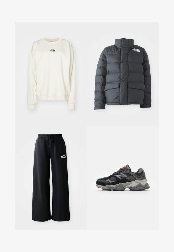 Giubbotto in piuma nera con colletto alto, design trapuntato, chiusura con zip sul davanti e due tasche frontali. Presenta un logo bianco sul petto sinistro.; The North Face ESSENTIAL OVERSIZE CREW - Felpa - white dune; Pantaloni della tuta larghi neri con vita regolabile. Presentano un testo ricamato sul lato sinistro, realizzati in un morbido materiale misto cotone.; Sneaker nera e grigia con un mix di materiali in suede e mesh, suola spessa, logo prominente e accento rosso sulla linguetta.