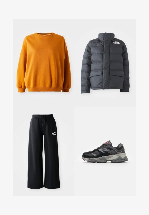 Giacca a vento imbottita in nylon nero con colletto alto, zip frontale e due grandi tasche a soffietto. Presenta un motivo a righe orizzontali per l'isolamento.; Felpa arancione con scollatura rotonda, spalle cadenti e polsini a coste. Tessuto morbido con una leggera trama punteggiata.; Pantaloni della tuta larghi neri con vita regolabile. Presentano un testo ricamato sul lato sinistro, realizzati in un morbido materiale misto cotone.; Sneaker nera e grigia con un mix di materiali in suede e mesh, suola spessa, logo prominente e accento rosso sulla linguetta.