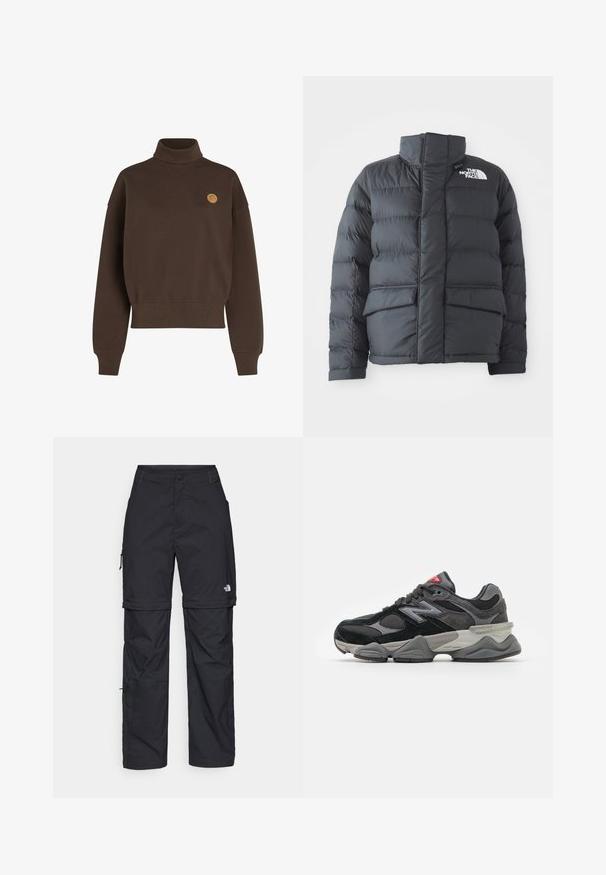 Sort pufferjakke med høj krave, quiltet design, lynlås foran og to forlommer. Har et hvidt logo på venstre bryst.; Brun, højhalset sweatshirt med en tekstureret finish. Har sænkede skuldre og et lille, sandfarvet cirkulært logo på brystet. Ribkanter vedærmerne og kanten.; Sorte nylon cargo bukser med lynlås, justerbare manchetter, flere lommer og et logo på højre ben. Glat, let tekstur.; Sort og grå sneakers med en kombination af ruskind og mesh-materialer, tyk sål, fremtrædende logo og rød accent på tungen.