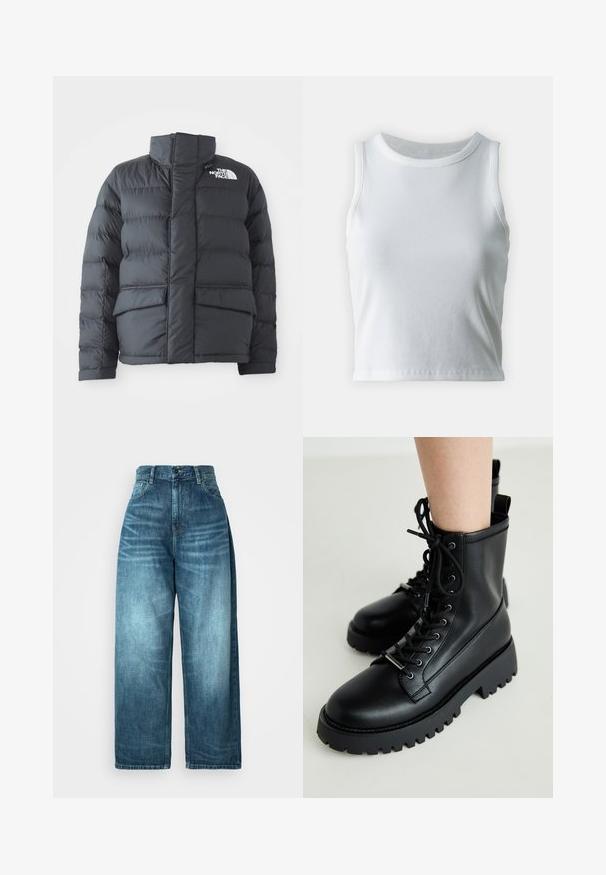 Črna puhovka z visokim ovratnikom, prešita zasnova, zadrga spredaj in dvema sprednjima žepoma. Ima belo logo na levem prsnem delu.; Bela rebrasta majica brez rokavov z okroglo izrezom, s pravo hem in gladko, elastično strukturo.; Moške hlače z visokim pasom in širokimi nogavicami, v srednje modrem denimu, z bledenjem, tradicionalnim oblikovanjem žepov in zapiranjem na gumb.; Črne čipkaste gležnjarje iz gladke usnje. Debel gumijast podplat z globokimi utori. Imajo zanko na peti za enostavno obuvanje.