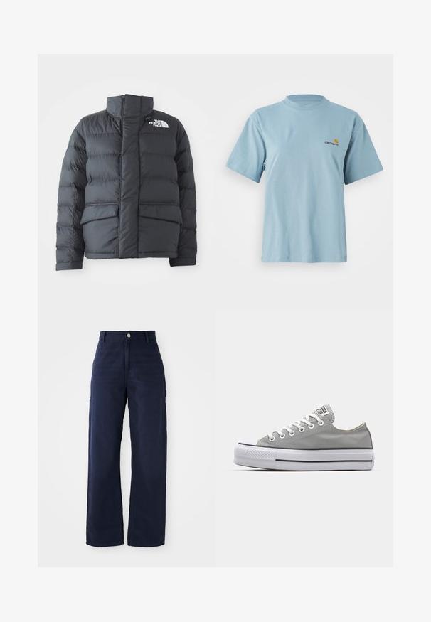 Casaco puffer preto com colarinho alto, design acolchoado, fecho de zip na frente e dois bolsos frontais. Apresenta um logótipo branco no lado esquerdo do peito.; T-shirt de algodão de manga curta azul claro com decote redondo e pequeno logótipo da Carhartt em amarelo e vermelho no lado esquerdo do peito.; Calças de cargo largas em azul-marinho, feitas de um tecido de algodão resistente, com bolsos laterais e um fecho de botão na cintura.; Ténis de lona cinza com atacadores brancos, biqueira de borracha e uma sola de borracha branca espessa com duas riscas pretas na lateral.