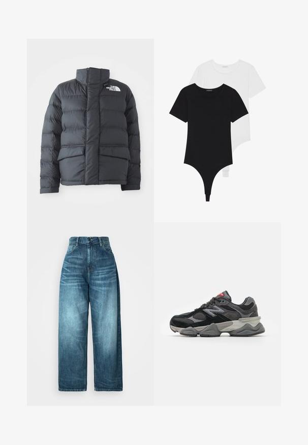 Černá prošívaná bunda s vysokým límcem, prošívaným designem, předním zipem a dvěma předními kapsami. Na levé hrudi se nachází bílé logo.; Černobílé body s krátkým rukávem a kulatým výstřihem, s thong spodní částí, vyrobené z hladké, elastické tkaniny.; Džíny s vysokým pasem a širokými nohavicemi ve středně modrém denimu, s vybledlým vzhledem, klasickým designem kapes a předním zapínáním na knoflíky.; Černé a šedé sneakersy se směsí semišových a síťovaných materiálů, silnou podrážkou, výrazným logem a červeným akcentem na jazyku.