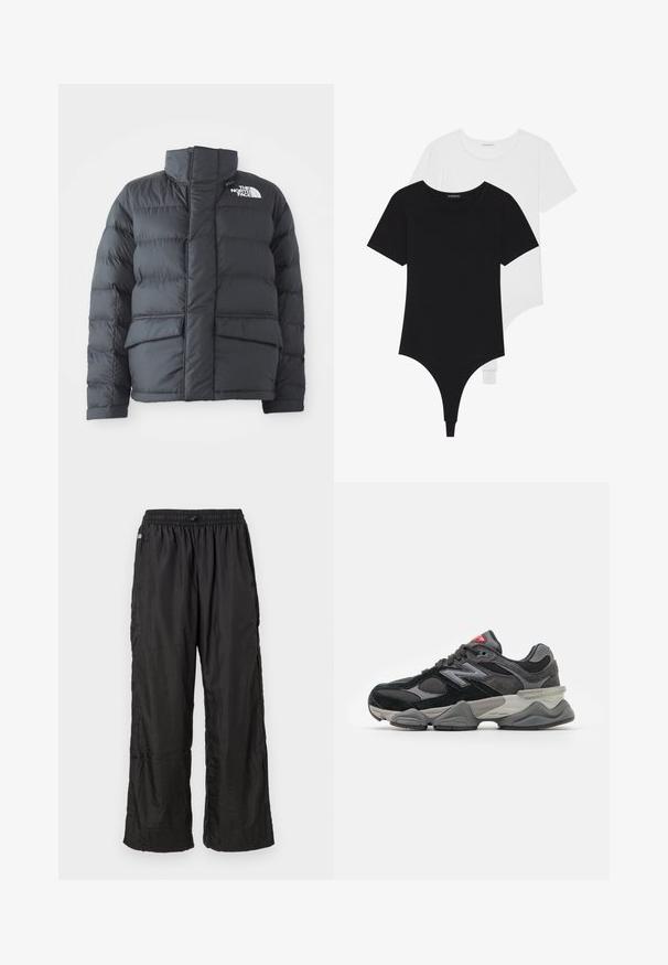 Sorte dunjakke med høy krage, quiltet design, glidelås foran og to frontlommer. Har en hvit logo på venstre bryst.; Svarte og hvite kortermede bodysuits med runde krager og thong-bunner, laget av glatt, elastisk stoff.; Svart lette nylon joggebukser med elastisk midjebånd og løs rett passform, vist mot en enkel hvit bakgrunn.; Svarte og grå joggesko med en blanding av semsket skinn og mesh-materialer, tykk såle, fremtredende logo, og rød detalj på tungen.