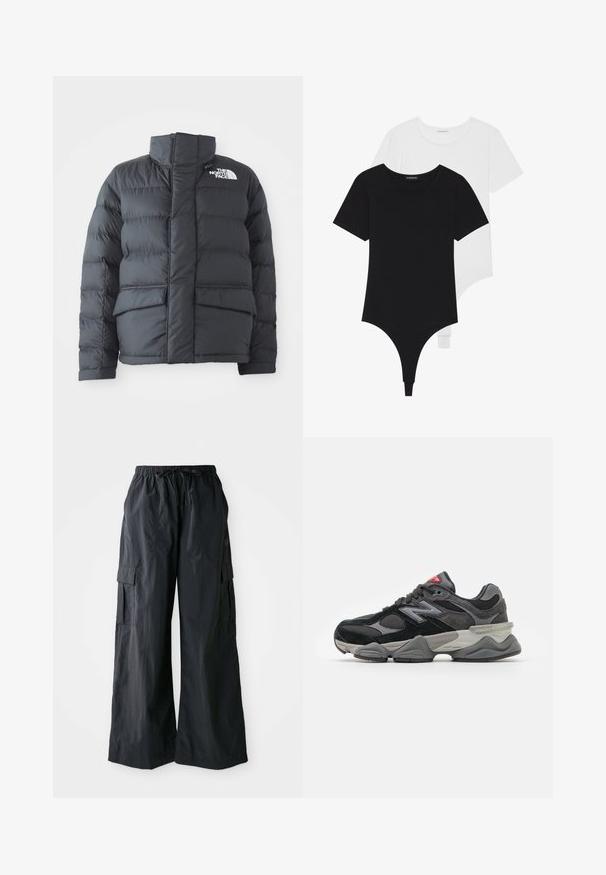 Čierna nafúknutá bunda s vysokým golierom, prešívaným dizajnom, zipsom vpredu a dvoma prednými vreckami. Obsahuje biele logo na ľavej hrudi.; Čierno-biele body s krátkymi rukávmi, okrúhlymi výstrihmi a stringovými spodkami, vyrobené z hladkej, elastickej látky.; Čierne cargo nohavice vyrobené z ľahkého materiálu, s širokým strihom, elastickým pásom a viacerými bočnými vreckami. Jednoduché a funkčné.; Čierne a šedé tenisky s kombináciou semišu a sieťoviny, hrubou podrážkou, výrazným logom a červeným akcentom na jazyku.