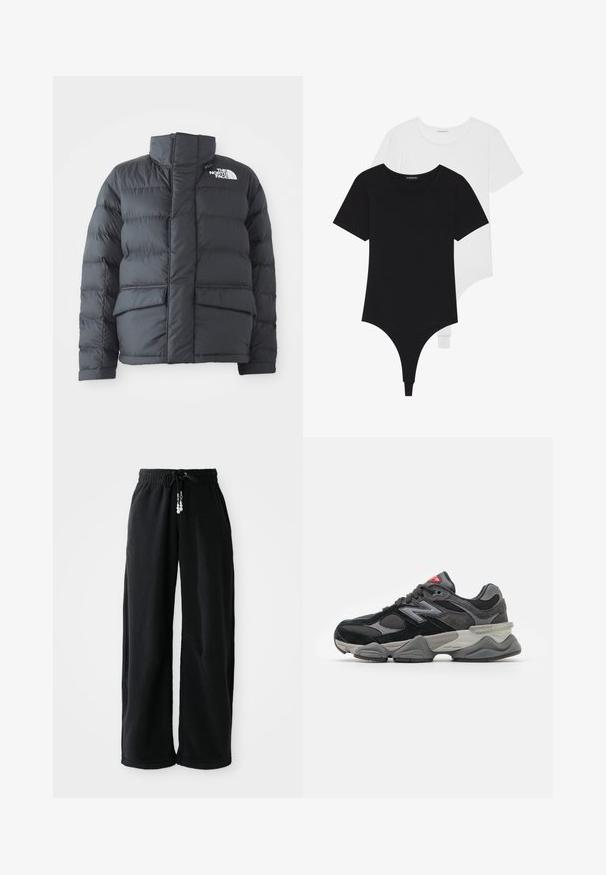 Melnā pūkaina jaka ar augstu apkakli, quilted dizainu, rāvējslēdzēju priekšā un divām priekšējām kabatām. Iekļauts balts logs kreisajā krūtī.; Melnbalti īsām piedurknēm bodiji ar apaļu kakla izgriezumu un tanga apakšdaļu, izgatavoti no gludas, elastīgas auduma.; Melni sporta bikses, kas izgatavotas no mīksta auduma, ar šņorējamām jostasvietām un brīvu piegriezumu. Bez rakstiem. Vienkārša dizaina ar sašūtiem apakšmalēm un sānu kabatām.; Melna un pelēka sporta apavi ar suede un sieta materiālu kombināciju, bieza zole, izteikts logs un sarkana akcents uz mēles.