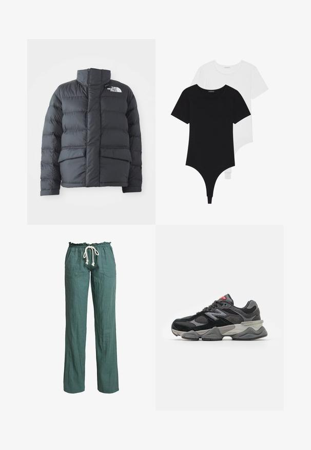 Doudoune noire avec col haut, design matelassé, fermeture éclair à l'avant et deux poches avant. Présente un logo blanc sur la poitrine gauche.; Bodysuits noirs et blancs à manches courtes avec des encolures rondes et des fonds-string, fabriqués à partir d'un tissu lisse et extensible.; Pantalons en lin léger et vert avec une coupe décontractée, une taille élastique et un cordon de serrage, comportant deux poches latérales.; Baskets noires et grises avec un mélange de matériaux en daim et en maille, semelle épaisse, logo proéminent et accent rouge sur la languette.