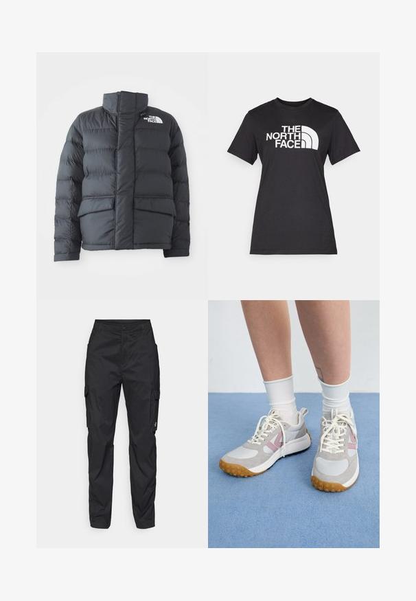 Melnā pūkaina jaka ar augstu apkakli, quilted dizainu, rāvējslēdzēju priekšā un divām priekšējām kabatām. Iekļauts balts logs kreisajā krūtī.; Melnas kokvilnas T-krekls ar lielu baltu "THE NORTH FACE" logo un izliekto akcentu. Īsas piedurknes un apaļš kakla izgriezums, patīkama tekstūra.; Melni cargo bikses, kas izgatavotas no viegla auduma. Iespējas iekļauj divas sānu kabatas un divas augšstilbu kabatas, ar pogu aizdari un jostas cilpām.; Gai pelēki sporta apavi ar rozā akcentiem, baltām ādas paneļiem un teksturētu gumijas zoli. Šņores ir krēmkrāsas, un zeķes ir baltas.