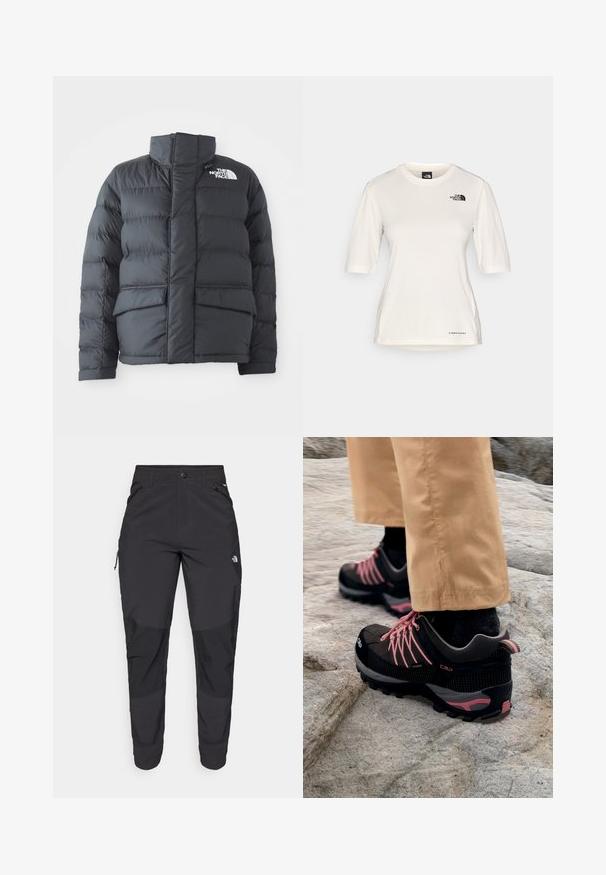 Doudoune noire avec col haut, design matelassé, fermeture éclair à l'avant et deux poches avant. Présente un logo blanc sur la poitrine gauche.; The North Face SHADOW SHORT SLEEVE - T-shirt de sport - white dune; Pantalons noirs d'extérieur en tissu durable. Dotés de poches zippées, de panneaux de genoux renforcés et d'une coupe droite pour une meilleure mobilité.; Chaussures de randonnée noires et grises avec des accents roses, présentant une tige texturée, un renfort à l'avant et une semelle à grip robuste, reposant sur un terrain rocheux.