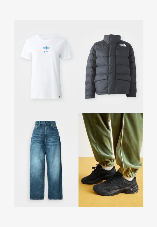 Sorte dunjakke med høy krage, quiltet design, glidelås foran og to frontlommer. Har en hvit logo på venstre bryst.; Hvit bomull T-skjorte med et blått grafisk design som har "ENG" og et horisontalt designelement, samt en blå Nike-logo foran.; Høyt livde vide jeans i mellomblå denim, med en falmet vask, tradisjonelt lommedesign, og knappelukking foran.; Sorte atletiske sneakers med mesh og syntetiske overlag, teksturert såle, paret med grønne, elastiske sweatpants med mansjetter, på gul overflate.