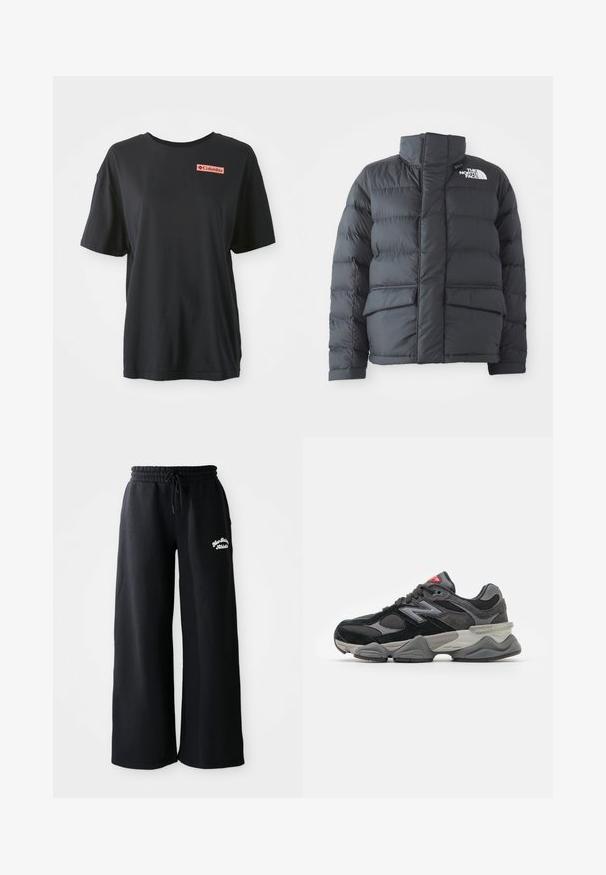 Pufferjakke i svart nylon med høy krage, frontglidelås og to store klafflommer. Har horisontal quiltet mønster for isolasjon.; Svart bomulls T-skjorte med korte ermer, avslappet passform og en rød rektangulær logo på venstre bryst. Jevn tekstur og enkelt design.; Svarte vide joggebukser med snor i livet. Har brodert tekst på venstre side, laget av mykt bomullsblandingsmateriale.; Svarte og grå joggesko med en blanding av semsket skinn og mesh-materialer, tykk såle, fremtredende logo, og rød detalj på tungen.