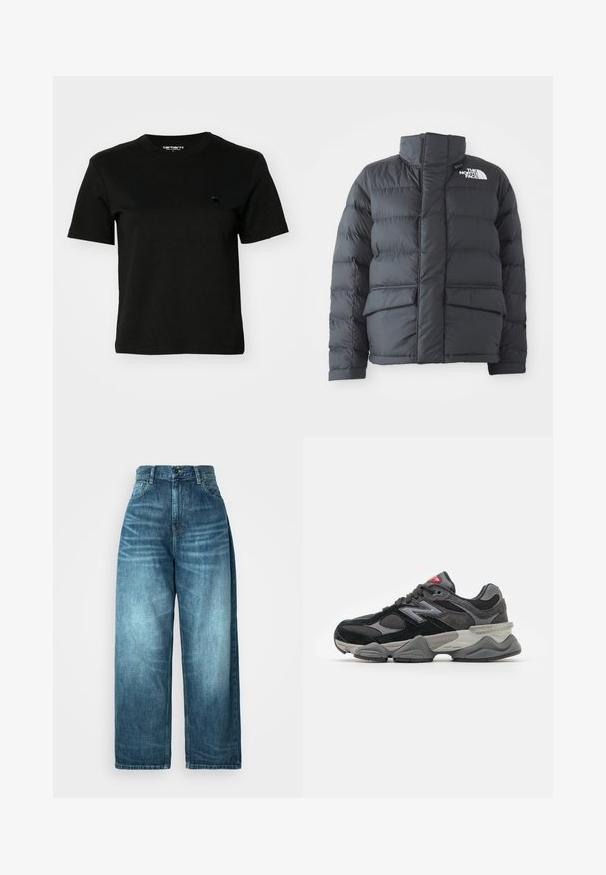 Zwarte pufferjack met een hoge kraag, gequilt ontwerp, ritssluiting aan de voorkant en twee voorzakken. Bevat een wit logo op de linkerborst.; Zwart T-shirt van katoen. Korte mouwen en een ronde hals. Heeft een klein, donker logo op de linkerborst. Eenvoudig, klassiek ontwerp.; Hoge taille wijde jeans in middelblauwe denim, met een vervaagde was, traditionele zakontwerpen en een knoopsluiting aan de voorkant.; Zwarte en grijze sneaker met een mix van suede en mesh materialen, dikke zool, opvallend logo en een rode accent op de tong.
