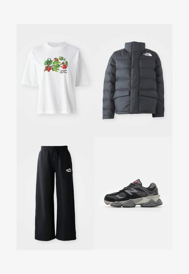 Juodasis pūkinis džemperis iš nailono, turintis aukštą apykaklę, priekinį užtrauktuką ir dvi dideles kišenes su atvartais. Turi horizontalią siuvinėtą struktūrą, užtikrinančią šilumą.; Balta medvilnė marškinėliai su trumpomis rankovėmis, centre puikuojasi spalvingas vaisių ir lapų dizainas. Tekstas sako "Carhartt WIP Cream of the crop."; Juodi plačiakulkai sportiniai kelnių su raišteliu juosmenyje. Kairėje pusėje yra siuvinėtas tekstas, pagaminti iš minkštos medvilnės mišinio medžiagos.; Juodos ir pilkos sportbačiai su zomšos ir tinklelio medžiagų mišiniu, storu padu, išsiskiriančiu logotipu ir raudona akcentu ant liežuvėlio.