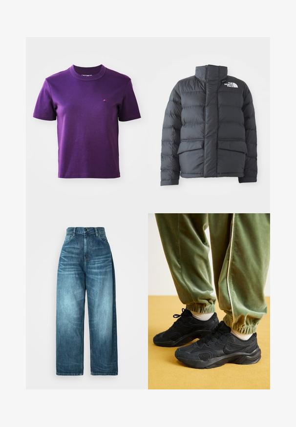 Bubová bunda z čierneho nylónu s vysokým golierom, predným zipsom a dvoma veľkými chlopňovými vreckami. Obsahuje horizontálny prešívaný vzor pre izoláciu.; Fialové bavlnené tričko s okrúhlym výstrihom a krátkymi rukávmi; má malé vyšívané logo na hrudi. Hladká textura, bez vzorov.; Džiny s vysokým pásom a širokými nohavicami v stredne modrom denime, s vyblednutým umývaním, tradičným dizajnom vreciek a zapínaním na gombík.; Čierne športové tenisky so sieťovinou a syntetickými prekrytiami, textúrovaná podrážka, v kombinácii so zelenými teplákmi s elastickými manžetami, na žltom povrchu.