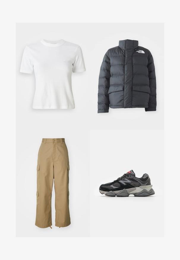Mustapuffer takki, jossa on korkea kaulus, tikattu rakenne, vetoketjullinen etuosa ja kaksi etutaskua. Vasemmassa rinnassa on valkoinen logo.; Valkoinen ribatut lyhythihainen t-paita, jossa on pyöreä pääntie ja pieni logo rinnassa. Valmistettu pehmeästä kankaasta, jossa on istuva malli.; Beige cargo-housut korkealla vyötäröllä, leveillä lahkeilla ja neljällä suurella sivutaskulla. Valmistettu kestävästä kankaasta, jossa on sileä pinta ja minimaalinen yksityiskohtaisuus.; Mustat ja harmaat lenkkarit, joissa on yhdistelmä mokkaa ja verkkomateriaaleja, paksu pohja, hallitseva logo ja punaisia yksityiskohtia kielekkeessä.