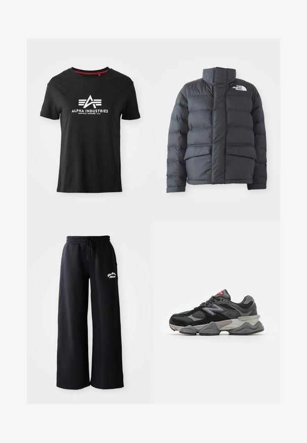 Juodasis pūkinis džemperis iš nailono, turintis aukštą apykaklę, priekinį užtrauktuką ir dvi dideles kišenes su atvartais. Turi horizontalią siuvinėtą struktūrą, užtikrinančią šilumą.; Juodas medvilnės marškinėliai su apvaliu kaklu ir trumpomis rankovėmis. Priekyje yra ryškus baltas logotipas su stilizuotais rašmenimis ir akcentinėmis linijomis.; Juodi plačiakulkai sportiniai kelnių su raišteliu juosmenyje. Kairėje pusėje yra siuvinėtas tekstas, pagaminti iš minkštos medvilnės mišinio medžiagos.; Juodos ir pilkos sportbačiai su zomšos ir tinklelio medžiagų mišiniu, storu padu, išsiskiriančiu logotipu ir raudona akcentu ant liežuvėlio.