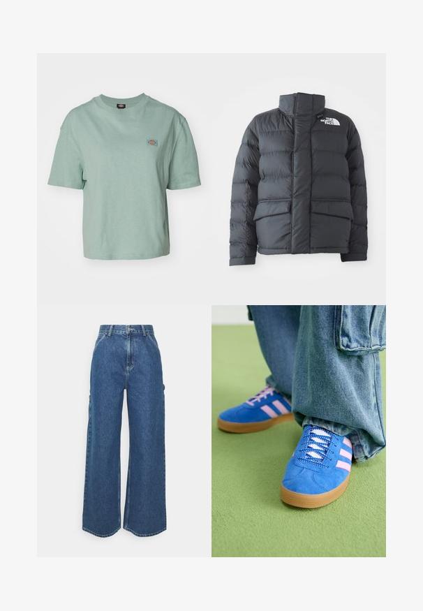Svart puffjacka med hög krage, quiltad design, dragkedja fram och två frontfickor. Har en vit logotyp på vänster bröst.; Dickies OAKPORT BOXY TEE - T-shirt - bas - blue surf; Breda ljusblå denimbyxor med hög midja, kontrasterande sömmar och sidofickor, som har en klassisk femficksdesign och råa kanter.; Blå mockaskor med rosa ränder och vita snören, med en sula av gummigummi, kombinerat med lösa denimbyxor på en grön yta.