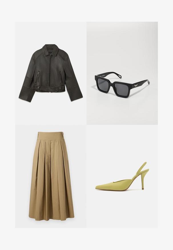 Veste en cuir noir raccourcie avec col, fermeture à glissière, deux poches zippées et une ceinture à la taille avec des pressions réglables et des détails de couture.; Cardigan blanc à côtes avec manches longues, décolleté en V profond et six boutons sur le devant. Texture douce et design ajusté.; Débardeur gris à côtes avec un design ajusté, des emmanchures larges et une encolure arrondie. Fabriqué en coton doux avec une texture lisse.; Jupe plissée kaki avec une taille haute, en coton. Présente un design fluide et une finition d'ourlet avec des détails de couture discrets.; GIABORGHINI OCTAVIE - Escarpins à talons hauts - green; Lunettes de soleil noires en forme de carré avec des verres foncés, monture en plastique lisse et accents subtils en forme d'aile sur les tempes.; Sac à main en cuir noir à motif crocodile avec des finitions en métal argenté, posé sur un fond texturé gris. Présente une surface brillante.