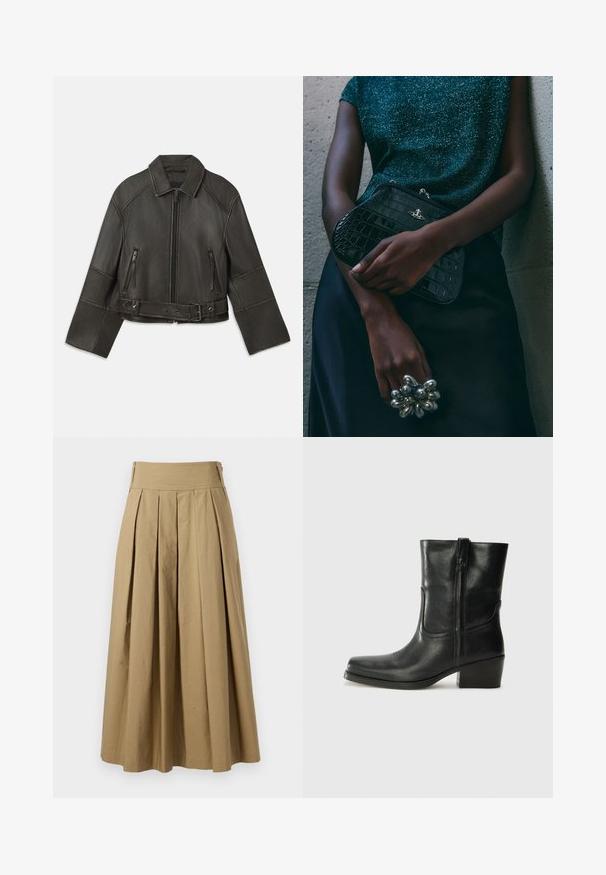 Czarna skórzana kurtka w stylu cropped z kołnierzem, zapięciem na zamek, dwiema kieszeniami zapinanymi na zamek oraz paskiem w talii z regulowanymi napami i detalami przeszycia.; Biała kardiganka prążkowana z długimi rękawami, głębokim dekoltem w kształcie V i sześcioma guzikami z przodu. Miękka tekstura i dopasowany krój.; Szary prążkowany T-shirt na ramiączkach o dopasowanym kroju, z szerokimi wycięciami na ramionach i okrągłym dekoltem. Wykonany z miękkiej bawełnianej tkaniny o gładkiej fakturze.; Khaki plisowana spódnica z wysoką talią, wykonana z bawełny. Charakteryzuje się zwiewnym fasonem i delikatnymi detalami przeszycia u dołu.; Czarne skórzane botki za kostkę z okrągłym noskiem, słupkowym obcasem, bocznym zamkiem i przeszyciami na cholewce. Gładka tekstura, klasyczny design.; Czarna kopertówka w wzór krokodyla z srebrnymi akcentami, trzymana na szarym, teksturowanym tle. Posiada błyszczącą powierzchnię.
