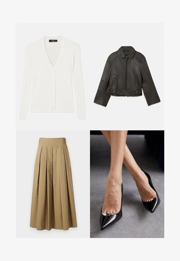 Giacca di pelle nera cropped con colletto, chiusura con zip, due tasche con zip e una cintura in vita con bottoni a pressione regolabili e dettagli di cucitura.; Cardigan bianco a coste con maniche lunghe, scollatura a V profonda e sei bottoni frontali. Texture morbida e design aderente.; Canottiera grigia a coste con design aderente, ampie aperture per le braccia e scollatura arrotondata. Realizzata in morbido tessuto di cotone con una texture liscia.; Gonna plissettata color khaki con vita alta, realizzata in cotone. Presenta un design fluido e orlo rifinito con dettagli di cucitura sottili.; Scarpe nere in pelle con tacco alto, punta affilata e design aperto, caratterizzate da un accento decorativo in argento. Texture liscia con finitura lucida.