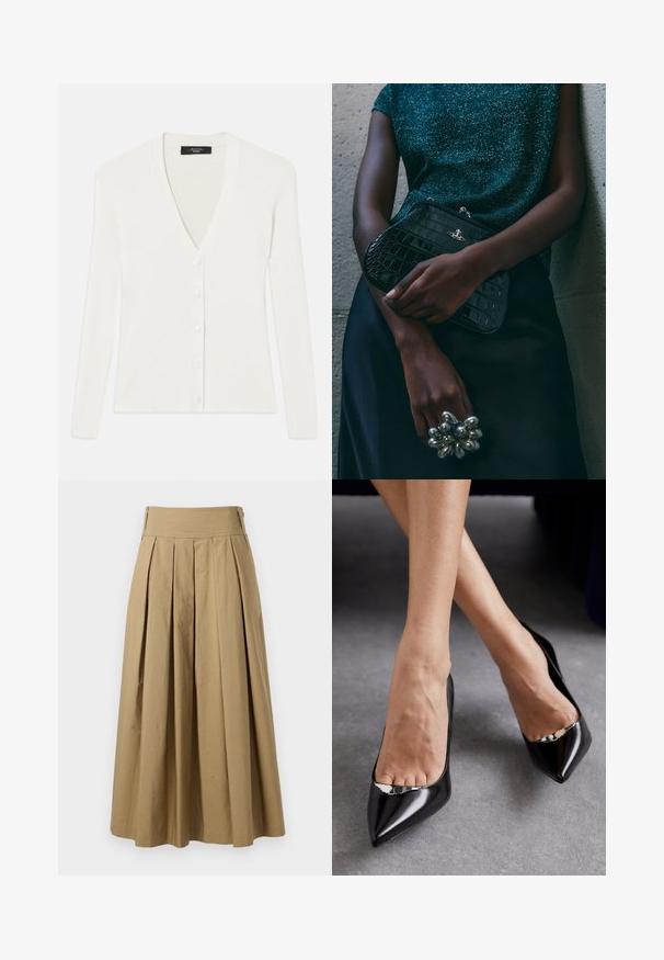 Czarna skórzana kurtka w stylu cropped z kołnierzem, zapięciem na zamek, dwiema kieszeniami zapinanymi na zamek oraz paskiem w talii z regulowanymi napami i detalami przeszycia.; Biała kardiganka prążkowana z długimi rękawami, głębokim dekoltem w kształcie V i sześcioma guzikami z przodu. Miękka tekstura i dopasowany krój.; Szary prążkowany T-shirt na ramiączkach o dopasowanym kroju, z szerokimi wycięciami na ramionach i okrągłym dekoltem. Wykonany z miękkiej bawełnianej tkaniny o gładkiej fakturze.; Khaki plisowana spódnica z wysoką talią, wykonana z bawełny. Charakteryzuje się zwiewnym fasonem i delikatnymi detalami przeszycia u dołu.; Czarne skórzane szpilki z ostrym noskiem i otwartym wzorem, ozdobione dekoracyjnym srebrnym akcentem. Gładka tekstura z polerowanym wykończeniem.; Czarna kopertówka w wzór krokodyla z srebrnymi akcentami, trzymana na szarym, teksturowanym tle. Posiada błyszczącą powierzchnię.