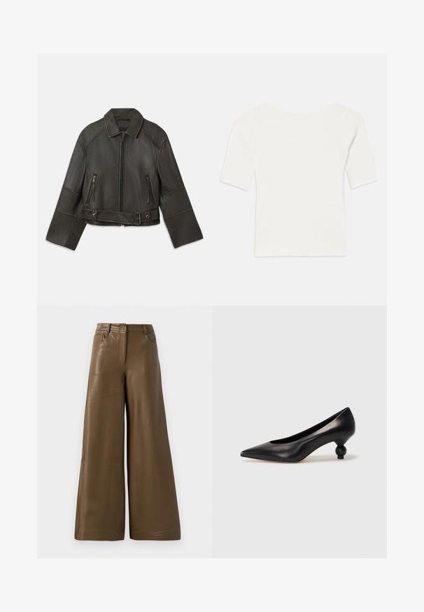 Czarna skórzana kurtka w stylu cropped z kołnierzem, zapięciem na zamek, dwiema kieszeniami zapinanymi na zamek oraz paskiem w talii z regulowanymi napami i detalami przeszycia.; Biała, prążkowana bluzka z krótkim rękawem i szerokim dekoltem. Tekstura posiada pionowe paski, podkreślające dopasowany krój i prosty design.; Szerokie spodnie z gładkiej, brązowej sztucznej skóry. Posiadają wysoki stan, cztery kieszenie oraz zamek błyskawiczny z przodu. Płaska tekstura i minimalistyczny design.; Czarna skórzana szpilka z ostrym czubkiem i okrągłym, kulistym obcasem. Gładka tekstura z eleganckim, minimalistycznym wzornictwem.