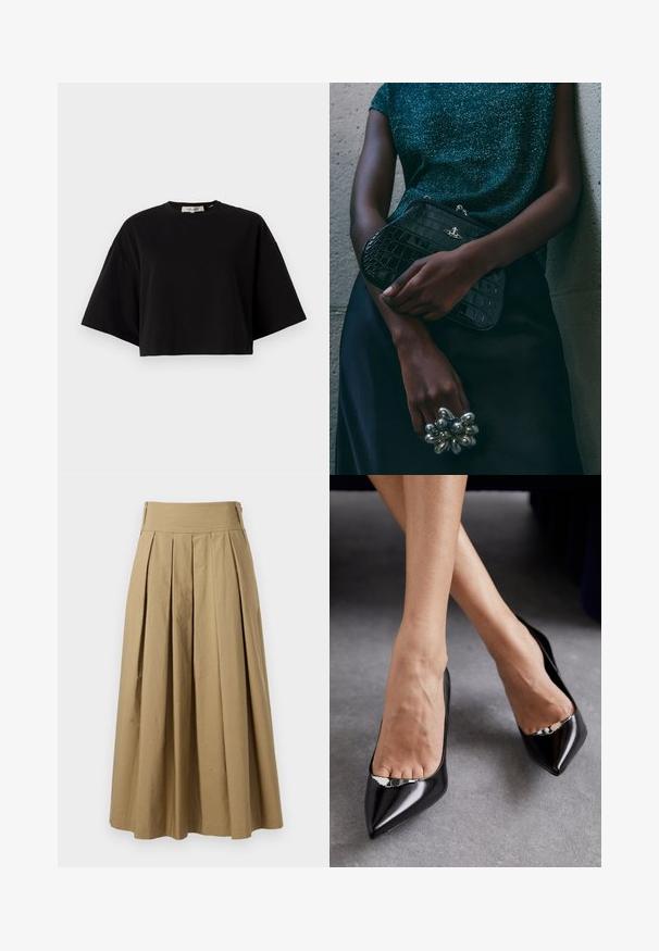 Fekete, rövidített bőr dzseki, gallérral, cipzáras záródással, két cipzáras zsebbel és övvel a deréknál, amely állítható patentokkal és varrási részletekkel rendelkezik.; Fekete, crop fazonú pamut póló, kerek nyakkivágással és rövid, széles ujjal az laza illeszkedés érdekében. Simább textúra, egyszerű dizájn.; Khaki színű, rakott szoknya magas derékkal, pamutból készült. Jellemzője a laza fazon, az alján finom varrási részletekkel.; Fekete bőrből készült magassarkú cipők, hegyes orral és nyitott kialakítással, dísz ezüst kiegészítővel. Simává polírozott textúrával.; Fekete krokodilbőr mintázatú válltáska ezüst hardware-rel, egy texturált szürke háttér előtt tartva. Fényes felülettel rendelkezik.; Aranyszínű karikafülbevalók íves, szabálytalan formával és sima, fényes felülettel. Nincsenek látható hardverek vagy díszítések.