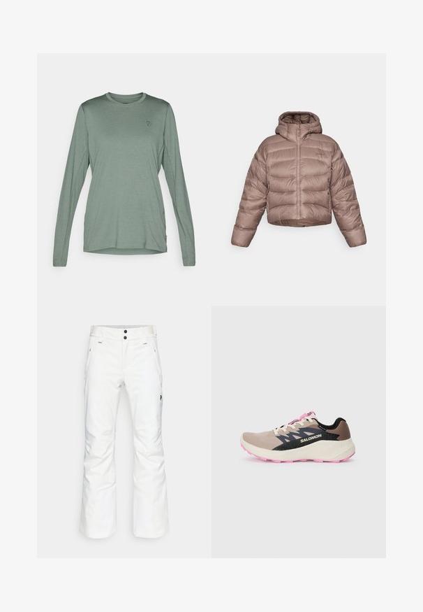 Kuttet, hettegenser pufferjakke i lys brun med quiltet design. Har glidelås foran og en glatt, blank stofftekstur.; Langermet skjorte i dempet grønn stoff, med rund hals og sidelommer. Venstre bryst har en liten logo-detail.; Hvite snøbukser med rett ben-design, to frontlommer og to svarte knappelukkinger. Teksturert stoff med svart merkevaredetalj.; Beige og rosa Salomon løpesko med svart logo og designakenter, kremfarget mellomsåle og rosa yttersåle, sett fra siden på en ensfarget bakgrunn.