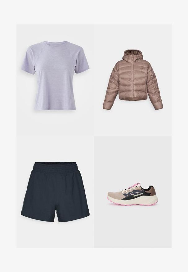 Casaco puffer cropped com capuz em castanho claro com um design acolchoado. Apresenta um fecho frontal e uma textura de tecido lisa e brilhante.; Camisola atlética de mangas curtas em lavanda feita de um tecido leve com um padrão texturizado; apresenta mangas raglan e um pequeno logótipo na frente.; Calções atléticos de um tom azul marinho escuro, feitos de um tecido leve. Cintura elástica, corte solto e sem bolsos ou padrões visíveis.; Sapatilha de corrida Salomon em bege e rosa com logótipo e realces de design em preto, entressola creme e sola rosa, vista de lado sobre um fundo simples.