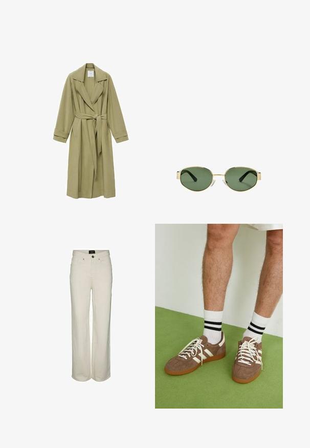Olivno zelen plašč z izrezanim ovratnikom, pasom na zavezovanje in dolgimi rokavi. Ima gladko teksturo in dve sprednji žepi.; Bela brezrokavna rebrasta majica s krožnim izrezom, v kombinaciji z sivo visokim pasom jeans hlačami, ki vključujejo žepe in gumbasto zapiranje.; Široke, krema barve kavbojke s zapiranjem na gumb in zadrgo, petimi žepi in diskretnimi šivi. Iz bombaža.; Rjavi semiš športni čevlji z belimi detajli in vezalkami. Gumijast podplat. Nošeni z belimi nogavicami z črnimi črtami. Zelena teksturirana talna obloga.; Očala z zlatim kovinskim okvirjem, zelenimi lečami, ovalne oblike, črnimi uhani in prozornimi nosnimi blazinicami. Čist, minimalističen dizajn.
