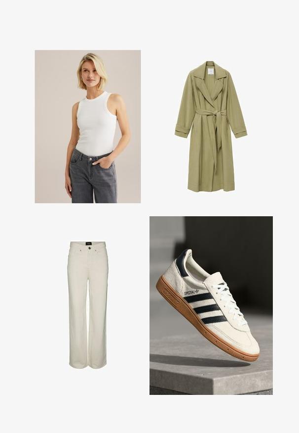 Olivovo zelený trenčkot s vystúpeným golierom, opaskom v páse a dlhými rukávmi. Má hladkú textúru a dve predné vrecká.; Biela bezrukávová rebrovaná tielko s okrúhlym výstrihom, spárované so sivými džínsami s vysokým pásom, ktoré majú vrecká a zapínanie na gombík.; Široké krémové džíny s gombíkom a zipsom, piatimi vreckami a jemnými šitými detailmi. Materiál: bavlna.; Biele semišové tenisky s námorníckymi pruhmi, gumovou podrážkou, textúrovaným zvrškom, okrúhlou špičkou a šnurovaním; obsahujú označenie na boku a jazyku.