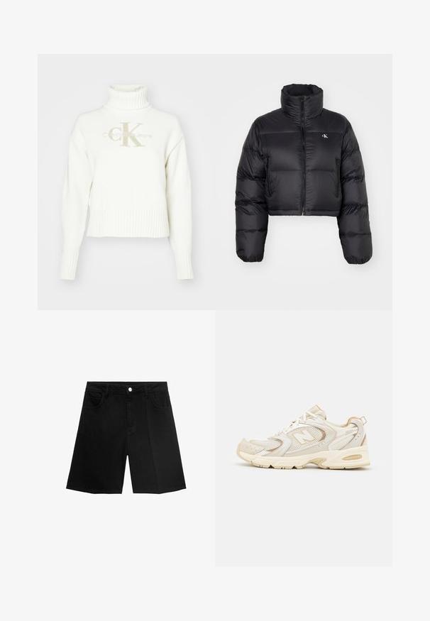 Czarna krótka kurtka puchowa z wysokim kołnierzem, zapięciem na zamek i logo marki na piersi; charakteryzuje się puszystym pikowanym wzorem i bocznymi kieszeniami.; Biały dzianinowy sweter z golfem, z prążkowanymi mankietami i dołem. Posiada beżowe logo "CK" oraz napis "Calvin Klein Jeans" w dopasowanej kolorystyce.; Czarne szorty dżinsowe o prostym kroju, z pięcioma kieszeniami i zapięciem na srebrny guzik. Gładka tekstura z minimalnymi detalami przeszyć.; Beżowe buty sportowe z siateczkowymi i syntetycznymi nakładkami, z teksturowaną powierzchnią, wyściełanym kołnierzem oraz amortyzacją "ABZORB" w pięcie.