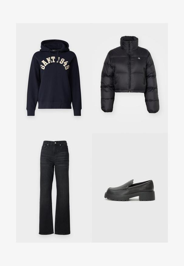Jachetă neagră scurtă din puffer cu guler înalt, închidere cu fermoar și logo branduit pe piept; prezintă un design pufos, matlasat și buzunare laterale.; Hanorac cu glugă de culoare bleumarin, confectionat dintr-un material moale. Prezintă o capacitate tip kangur, manșete ribbate și broderie contrastantă "GANT 1949" pe piept.; Jeans din denim negru, cu croială largă și talie înaltă, design cu cinci buzunare și nasture metalic argintiu. Materialul are o textură netedă și o ușoară elasticitate.; Mocasini din piele neagră, cu vârf rotunjit, talpă groasă texturată și detalii minimale de cusătură. Design elegant, fără șireturi sau accesorii vizibile.