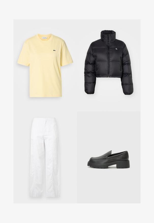 Melna saīsināta pūkainā jaka ar augstu apkakli, rāvējslēdzēja aizdari un zīmola logotipu uz krūtīm; tam ir pūkaina quilted dizaina un sānu kabatas.; Dzeltena kokvilnas t-krekls ar īsām piedurknēm un apaļu kakla izgriezumu. Iezīmēts ar mazu zaļu izšūtu krokodilu logotipu uz krūšu daļas.; Baltas, plaša kāju bikses, izgatavotas no viegla auduma, ar gludu tekstūru, tīrām līnijām un augstu jostasvietu.; Melnas ādas mokasīni ar noapaļotu purngalu, biezs teksturēts zoles un minimālas dūriena detaļas. Gluds dizains bez redzamām auklām vai metāla elementiem.