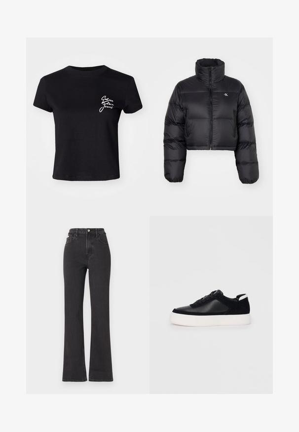 Svart kort pufferjakke med høy krage, glidelås, og merkevarelogo på brystet; har en fyldig quiltet design og sidelommer.; Svart bomulls t-skjorte med korte ermer som har hvit logo tekst "Calvin Klein Jeans" på venstre brystområde. Rund halsskjæring, avslappet passform.; Svarte høyt midje, utsvingte jeans laget av denim, med knappelukking, beltehemper og sidelommer. Glatt tekstur med minimal falming.; Svart sneakers med glatt skinn og semsket skinnpaneler, flate snørebånd, rund tå og hvit gummisåle. Distinkt logo på hælen.