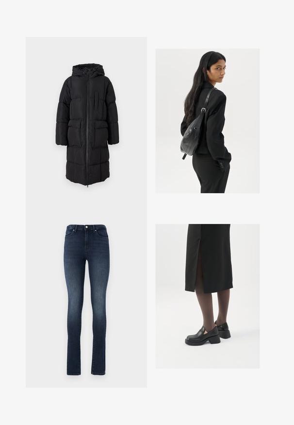 Svart pufferjakke med hette, med hel lengde glidelås, to store frontlommer og en brystlomme. Glatt stoff og quiltet design.; Hvit ermeløs tanktop laget av ribbet stoff, med rund hals og en tettsittende silhuett, med minimale sømmer og ingen dekorasjoner.; Mørke vaskede denim jeans med slim fit, høj talje, fem-lomme design og metal knaplukning. Glat tekstur med let falmning.; Sorte lærersko med rund tå, tykk blokkheel og elastiske sideaksenter, sammen med mørke strømpebukser og et svart skjørt med splitt.; Kvinne med langt mørkt hår iført et svart jakkesett, som bærer en svart skinn skulderveske, og ser over skulderen mot en hvit bakgrunn.